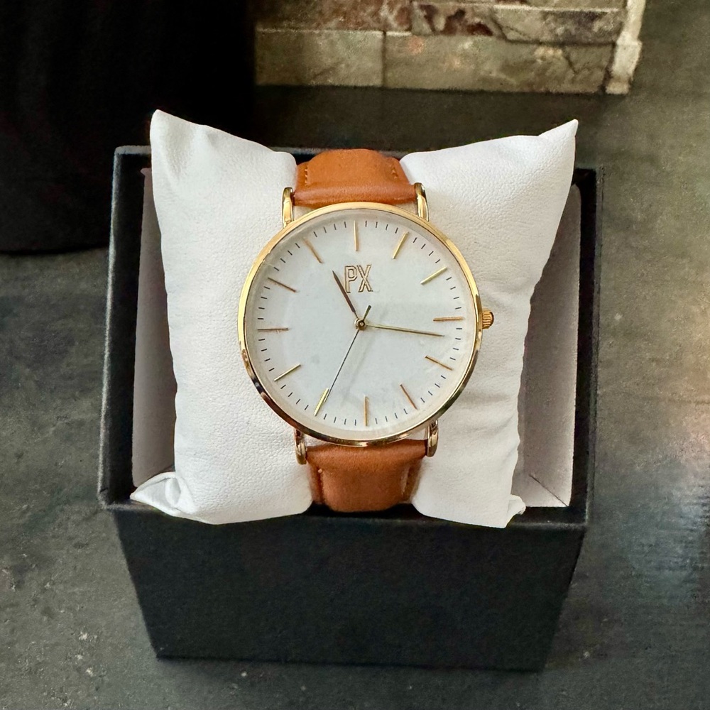 PX Men’s Gold Tone Watch Brown Leather Strap White Dial – New in Box |